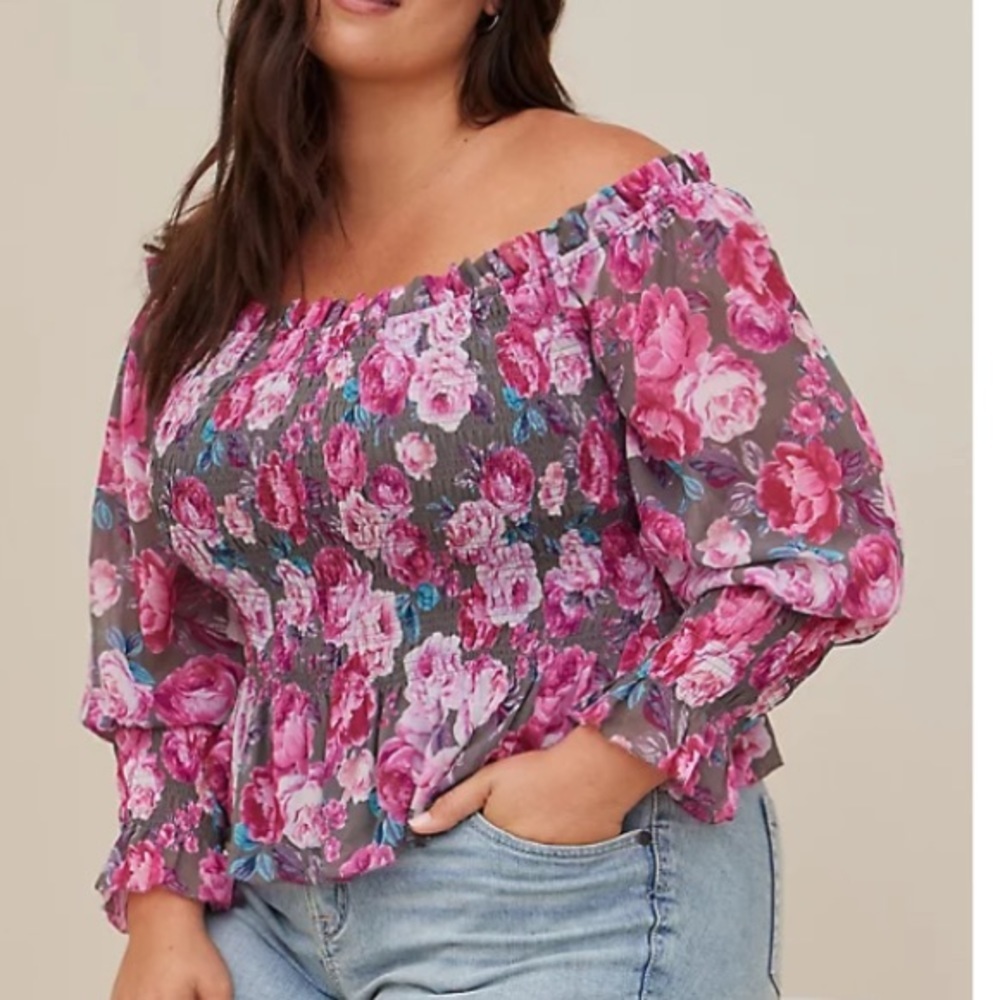 New Torrid Womens 3X Floral Chiffon Off Shoulder Peplum Top Blouse Long Sleeve - Picture 5 of 6